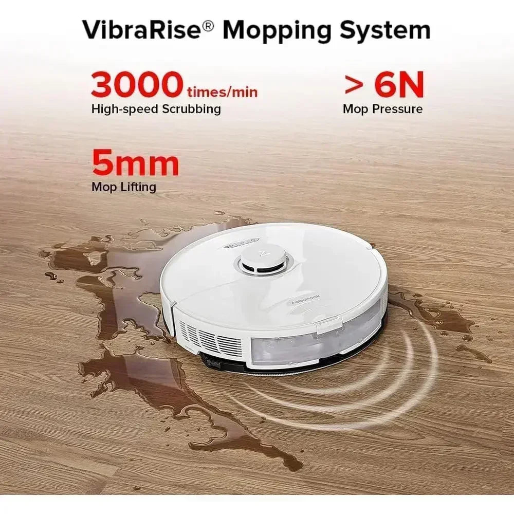 High-capacity robot vacuum and mop with self-emptying dock, 60-day dust storage, auto mopping, and smart carpet detection.