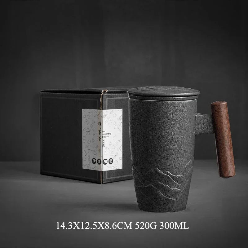 Luxury Retro Ceramic Tea Mug – Large Capacity Cup with Filter, Lid & Wooden Handle, Gift Box