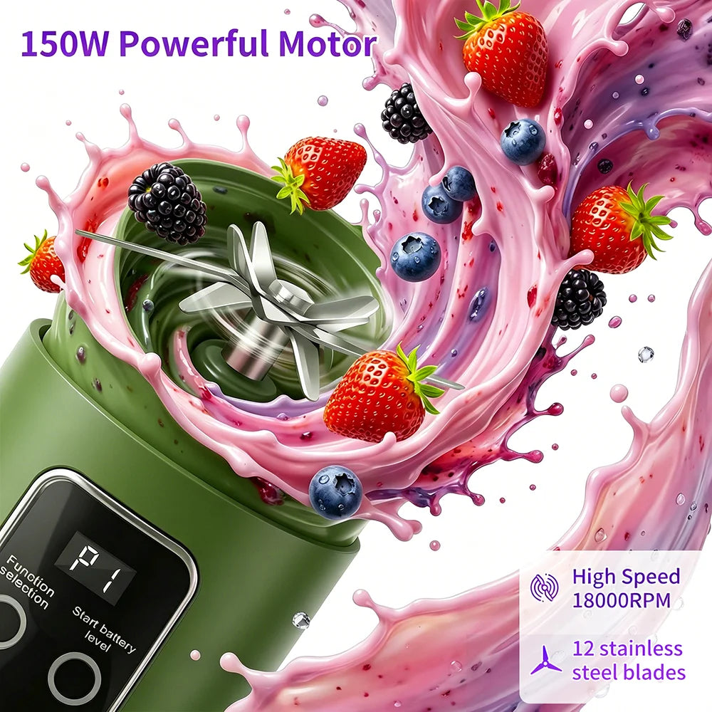 Portable 450ml Juicer Blender with 12 stainless steel blades, 3 blending speeds, USB rechargeable battery, and digital display. Perfect for smoothies, shakes, and fresh juice at home, work, travel, or the gym.