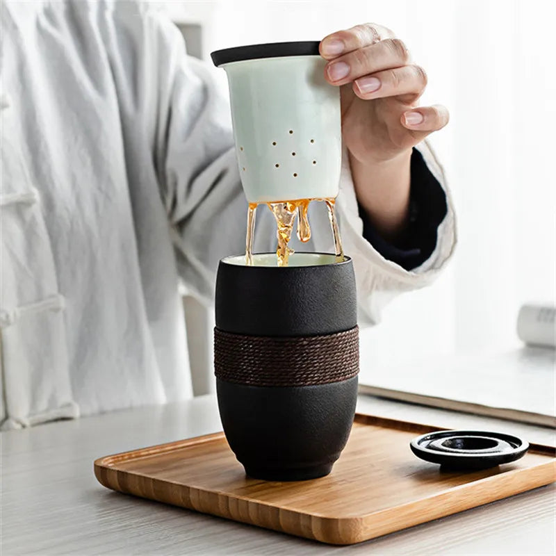 Japanese-Style Ceramic Tea Cup – Portable Tea Mug with Infuser Filter & Lid for Home, Office & Travel