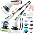 Rechargeable electric rotary scrubber with 9 brush heads, 2 speeds, adjustable handle, and waterproof design for easy cleaning.