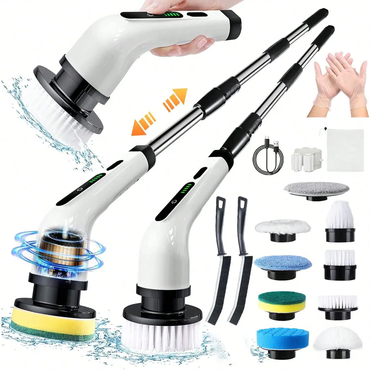 Rechargeable electric rotary scrubber with 9 brush heads, 2 speeds, adjustable handle, and waterproof design for easy cleaning.