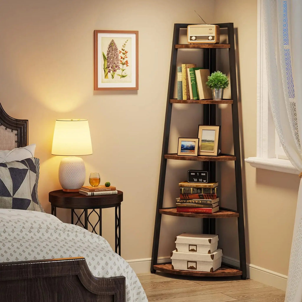 5-Tier Rustic Corner Ladder Bookshelf – 70” Industrial Storage Shelf