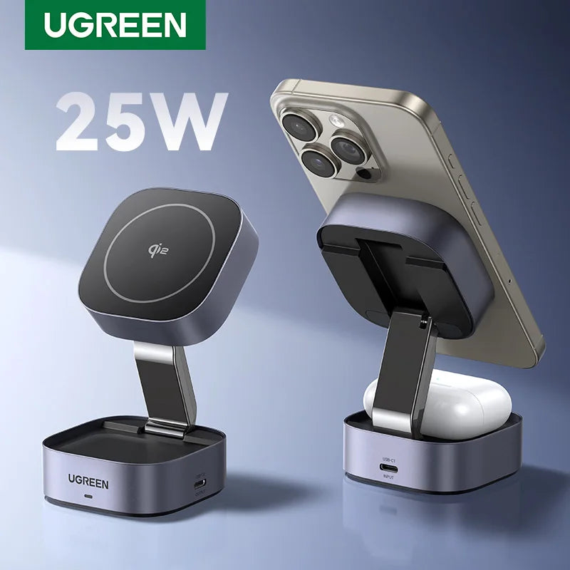 UGREEN 15W 2-in-1 magnetic wireless charger for fast and convenient charging of iPhone and AirPods.