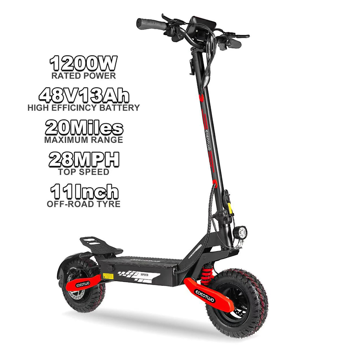 EOEOTWO 1200W Off-Road Electric Scooter – 30 MPH, 48V Battery & 11" Tubeless Tires