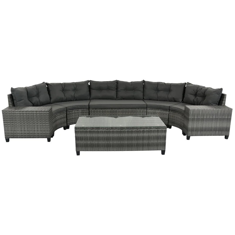 8-Piece Outdoor Wicker Round Sofa Set with Half-Moon Sectional, All-Weather PE Rattan, Curved Layout, Rectangular Coffee Table, Movable Gray Cushions