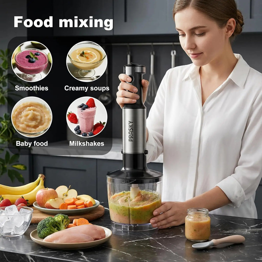 1200W 5-in-1 Variable Speed Hand Blender Kit
Blend, chop, whisk, and froth with 1200W of precision power. This 20-speed immersion blender comes with a full suite of interchangeable accessories for ultimate kitchen versatility.