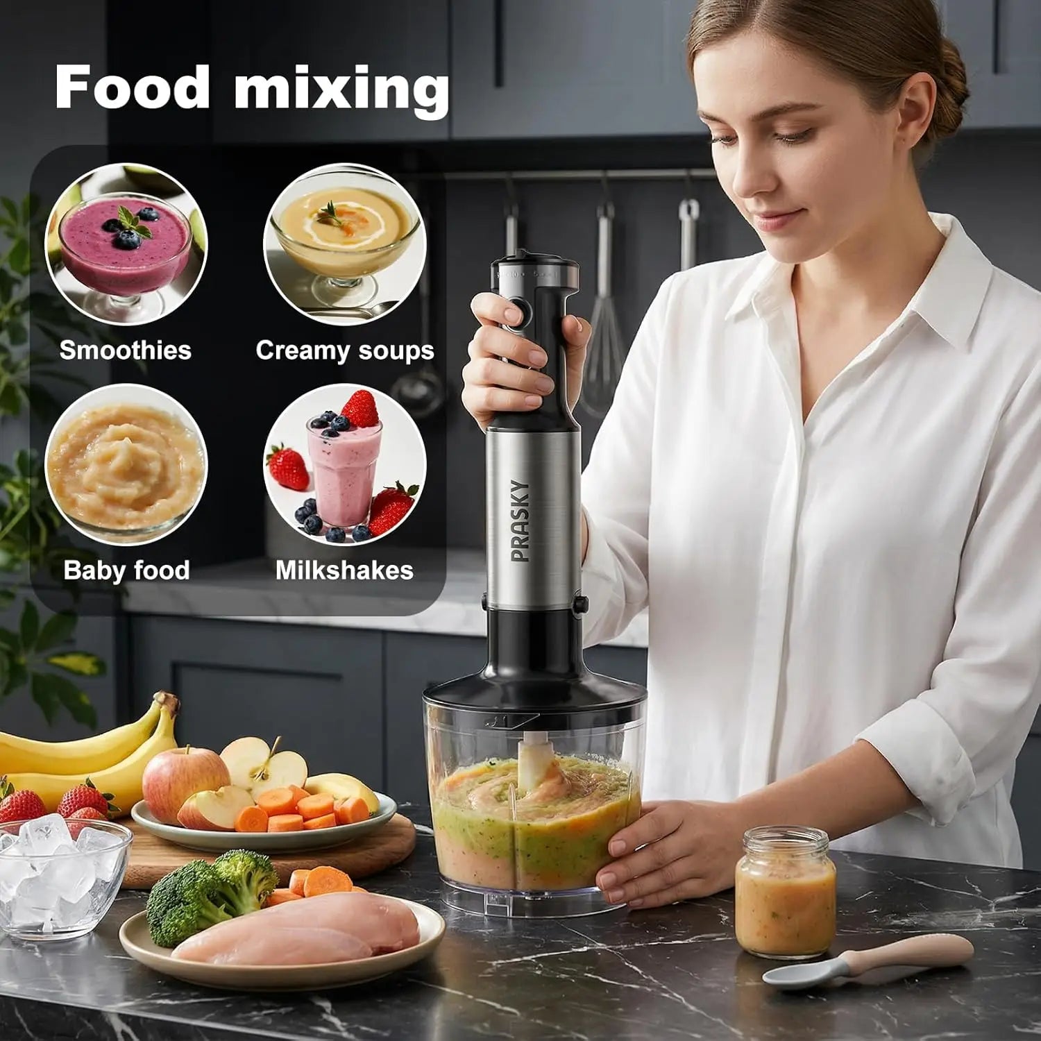 1200W 5-in-1 Variable Speed Hand Blender Kit
Blend, chop, whisk, and froth with 1200W of precision power. This 20-speed immersion blender comes with a full suite of interchangeable accessories for ultimate kitchen versatility.
