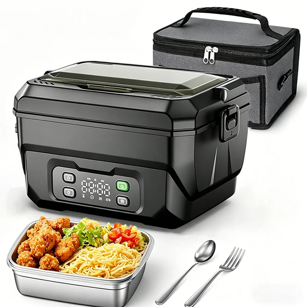 Portable 1500ML electric lunch box with USB charging, display screen, and timer for convenient food heating anywhere.