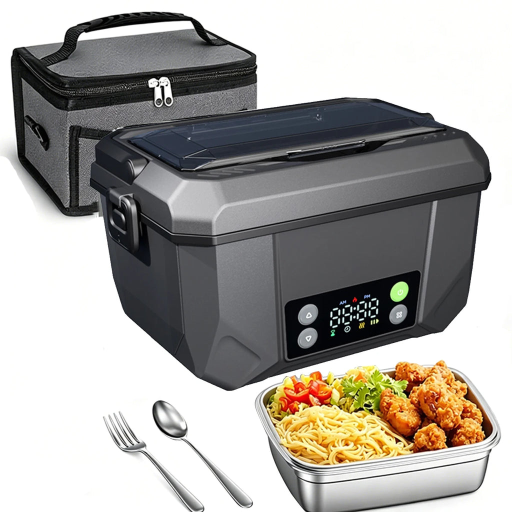 Portable 1500ML electric lunch box with USB charging and display screen, ideal for keeping food warm at home, work, or while traveling.
