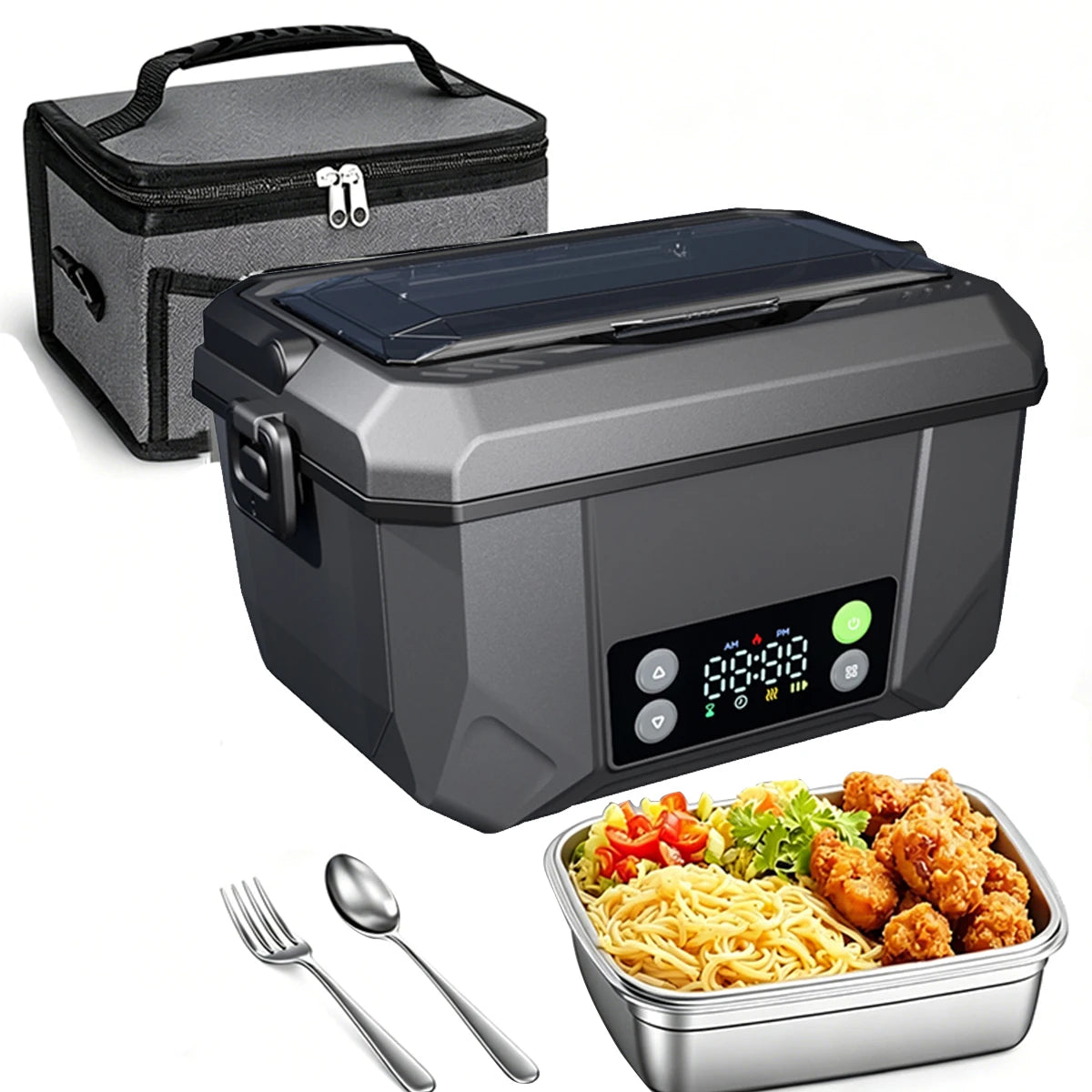 Portable 1500ML electric lunch box with USB charging and display screen, ideal for keeping food warm at home, work, or while traveling.