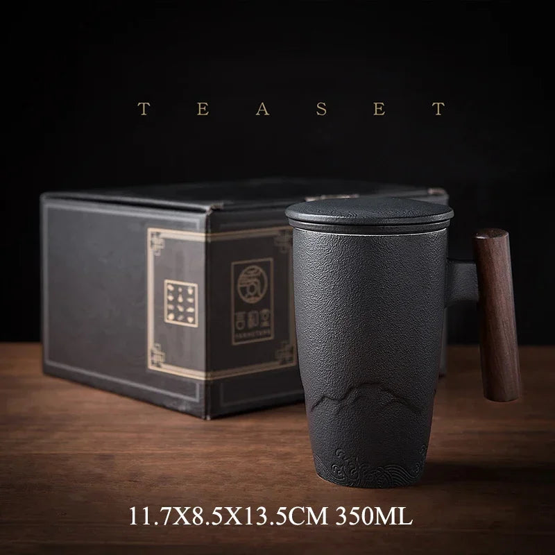 Luxury Retro Ceramic Tea Mug – Large Capacity Cup with Filter, Lid & Wooden Handle, Gift Box