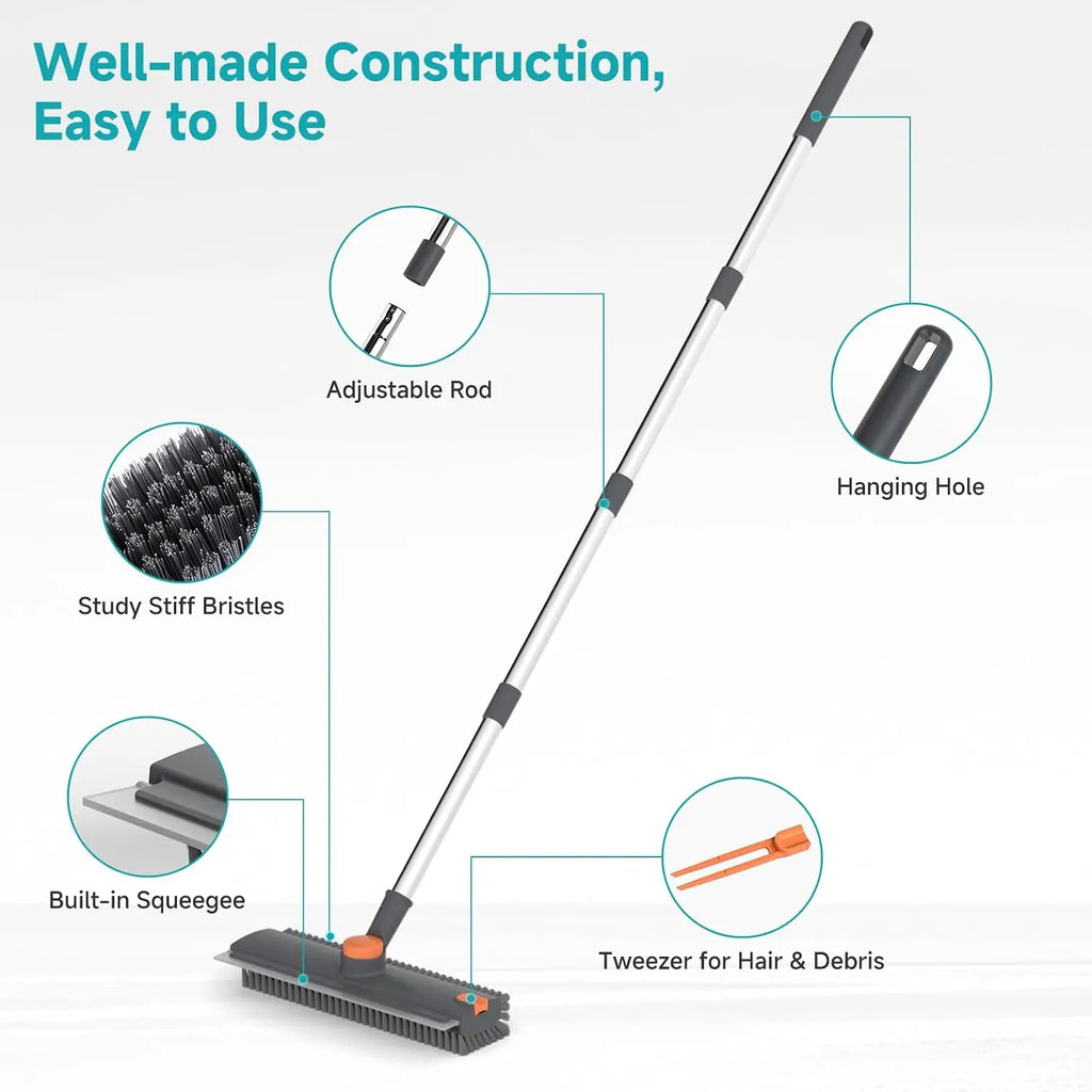 3-in-1 Floor Scrub Brush with Long Handle Adjustable, Heavy-Duty Stiff Bristle Scrubber with Squeegee for Bathroom Kitchen Tile