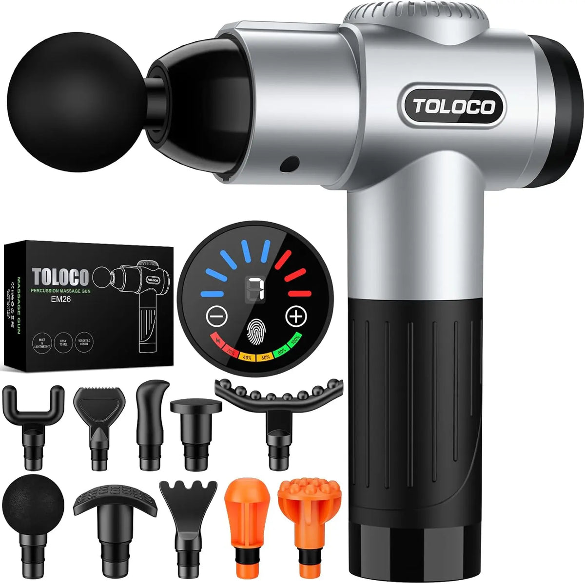 Deep tissue massage gun with 10 massage heads and a quiet motor, ideal for muscle relaxation and recovery.