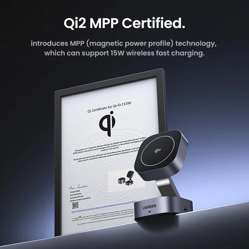 UGREEN 15W 2-in-1 magnetic wireless charger for fast and convenient charging of iPhone and AirPods.
