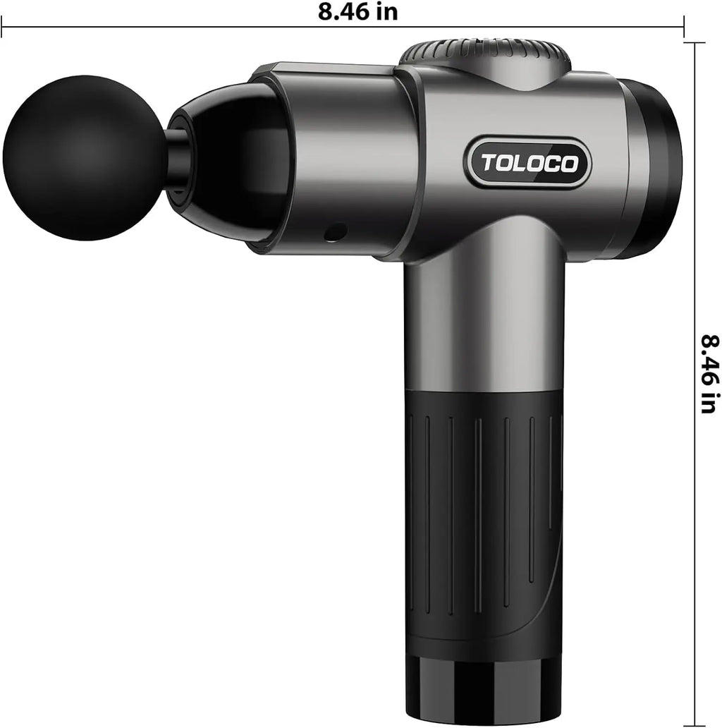 Deep tissue massage gun with 10 massage heads and a quiet motor, ideal for muscle relaxation and recovery.