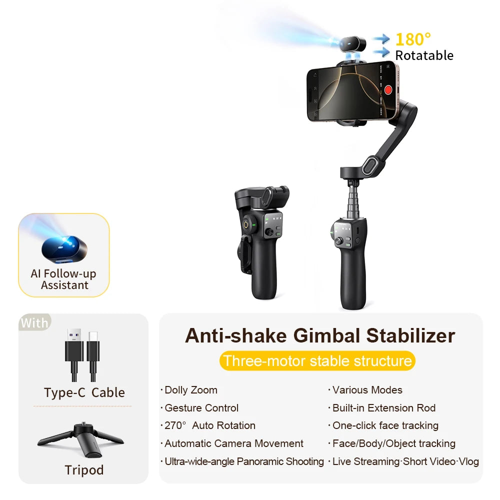 AOCHUAN 3-Axis Phone Gimbal Stabilizer with Extension Rod & Face Tracking