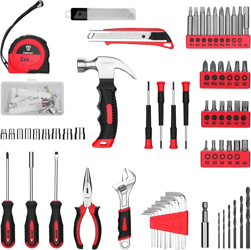 DEKO Kit de Herramientas de 126 piezas con taladro inalámbrico de 8V. Incluye herramientas esenciales para reparaciones y proyectos del hogar, con un diseño compacto y práctico, ideal para uso doméstico y bricolaje.