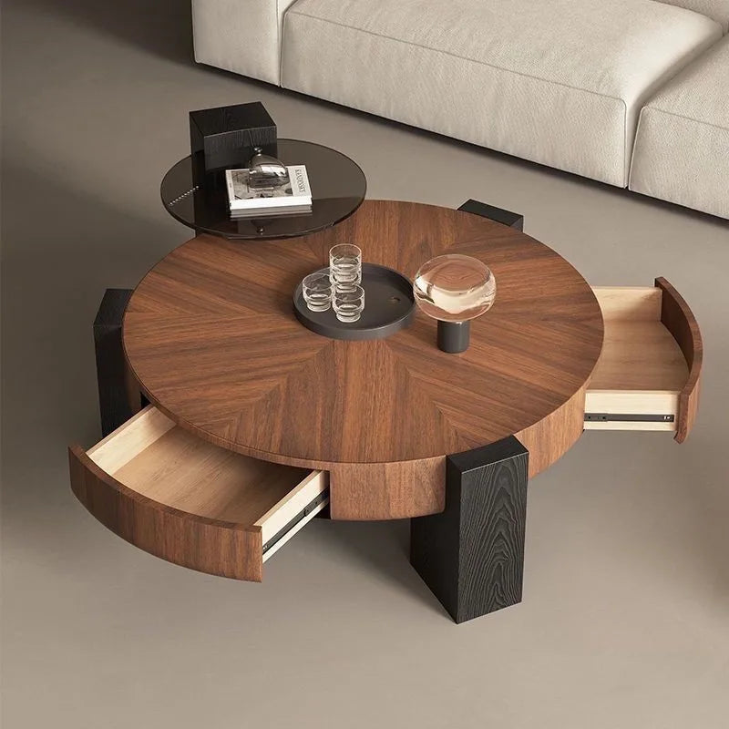 Italian Minimalist Round Coffee Table – Luxury Walnut Designer Table for Modern Living Rooms & Apartments