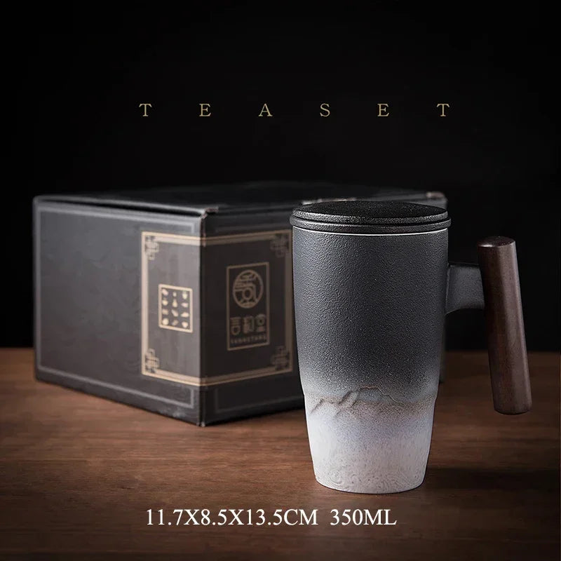 Luxury Retro Ceramic Tea Mug – Large Capacity Cup with Filter, Lid & Wooden Handle, Gift Box