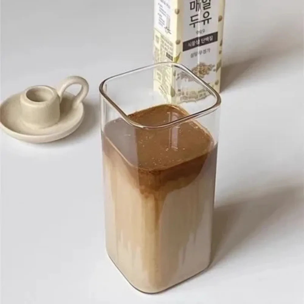 Square Glass Coffee Cup with Lid & Straw – Heat Resistant