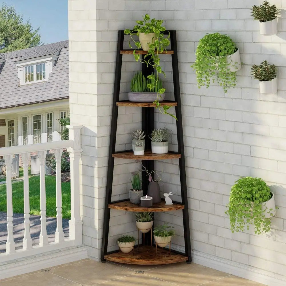 5-Tier Rustic Corner Ladder Bookshelf – 70” Industrial Storage Shelf