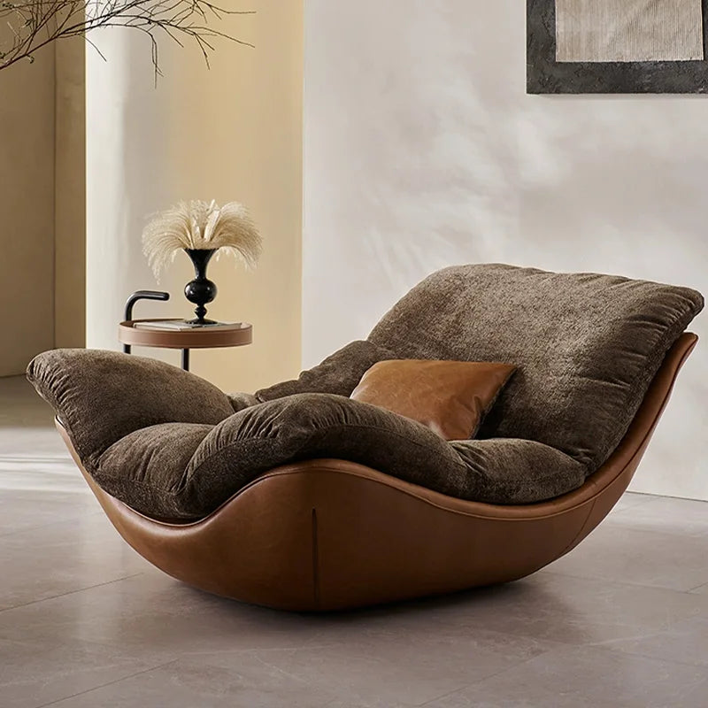 Nordic Italian Minimalist Genuine Leather Lounge Chair – Luxury Recliner with Wood Legs for Living Room & Bedroom