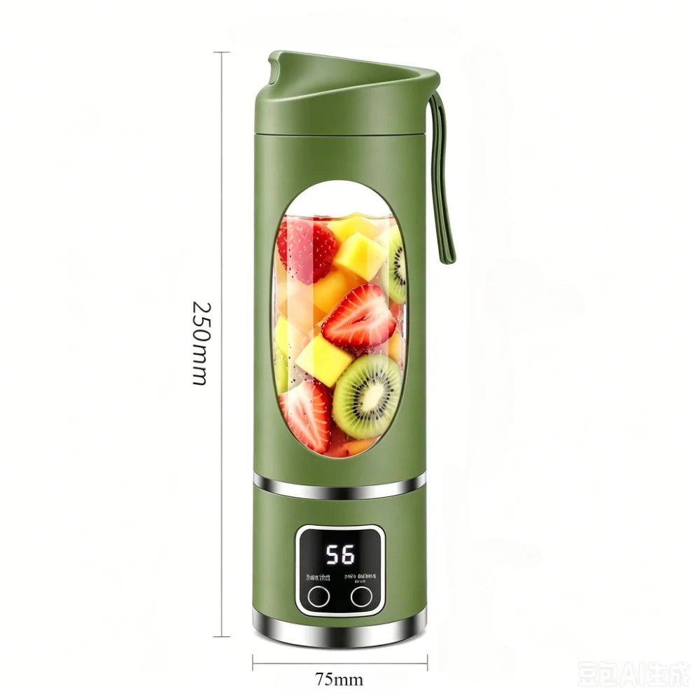 Portable 450ml Juicer Blender with 12 stainless steel blades, 3 blending speeds, USB rechargeable battery, and digital display. Perfect for smoothies, shakes, and fresh juice at home, work, travel, or the gym.