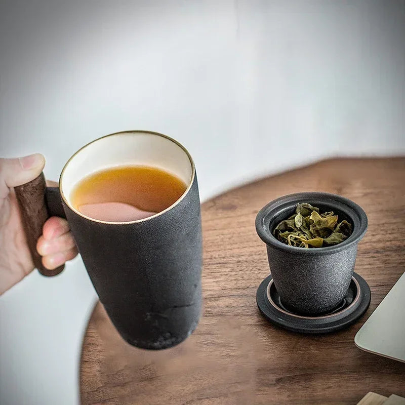 Luxury Retro Ceramic Tea Mug – Large Capacity Cup with Filter, Lid & Wooden Handle, Gift Box