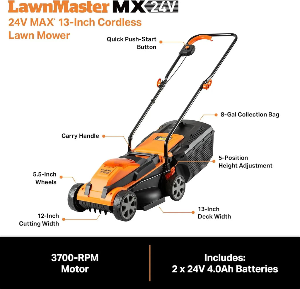 Cordless 24V Max Lawn Mower with a 13-inch cutting deck, perfect for small lawns. Includes 2×4.0Ah batteries and charger for powerful, hassle-free mowing.