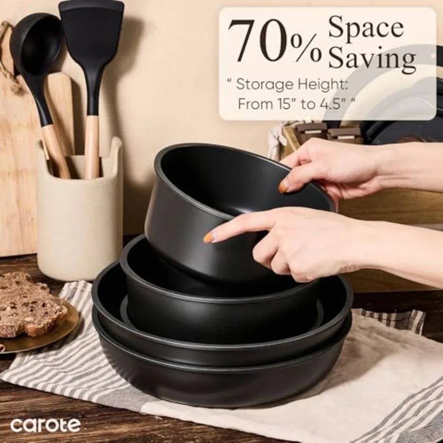 Nonstick Cookware Set with detachable handles for easy storage and versatile cooking. Compatible with induction, oven-safe, and dishwasher-safe for everyday convenience.
