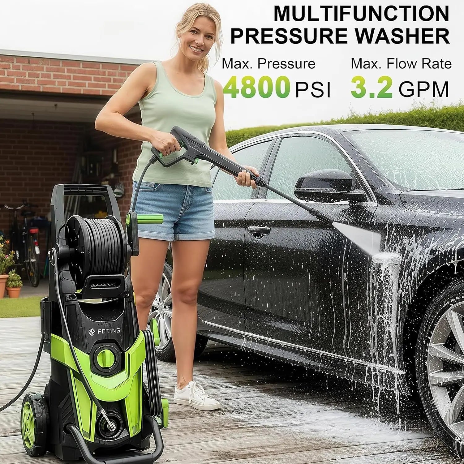 Pressure Power Washer 4800 PSI de alta potencia con 4 boquillas de conexión rápida, manguera de entrada con filtro y cañón de espuma. Ideal para limpiar autos, cercas, entradas, patios y exteriores del hogar con máxima eficiencia.
