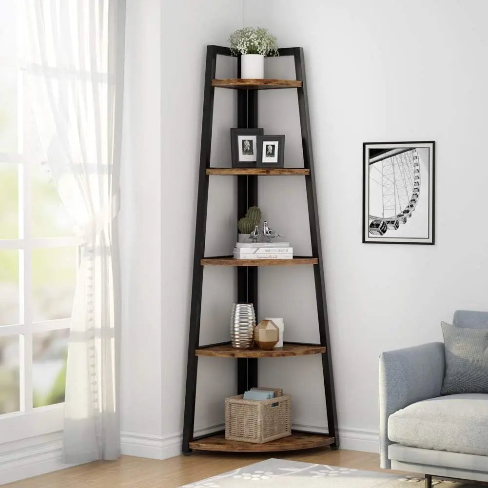 5-Tier Rustic Corner Ladder Bookshelf – 70” Industrial Storage Shelf