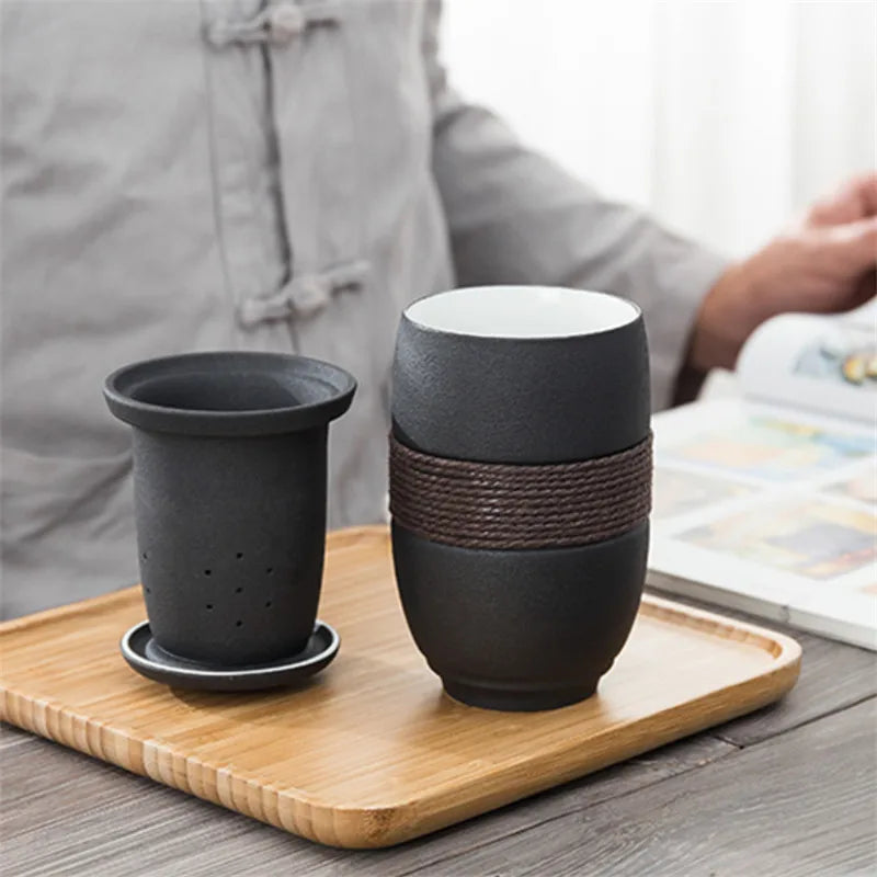 Japanese-Style Ceramic Tea Cup – Portable Tea Mug with Infuser Filter & Lid for Home, Office & Travel