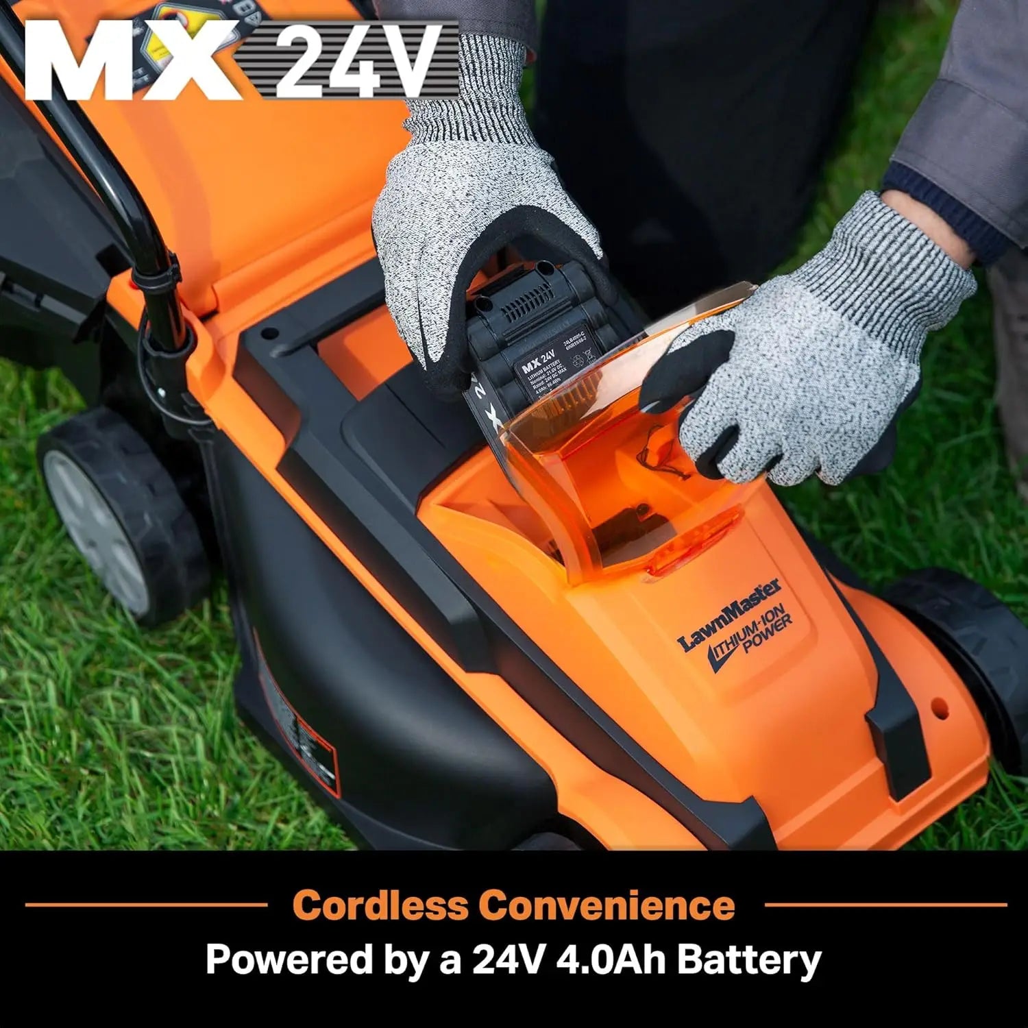 Cordless 24V Max Lawn Mower with a 13-inch cutting deck, perfect for small lawns. Includes 2×4.0Ah batteries and charger for powerful, hassle-free mowing.