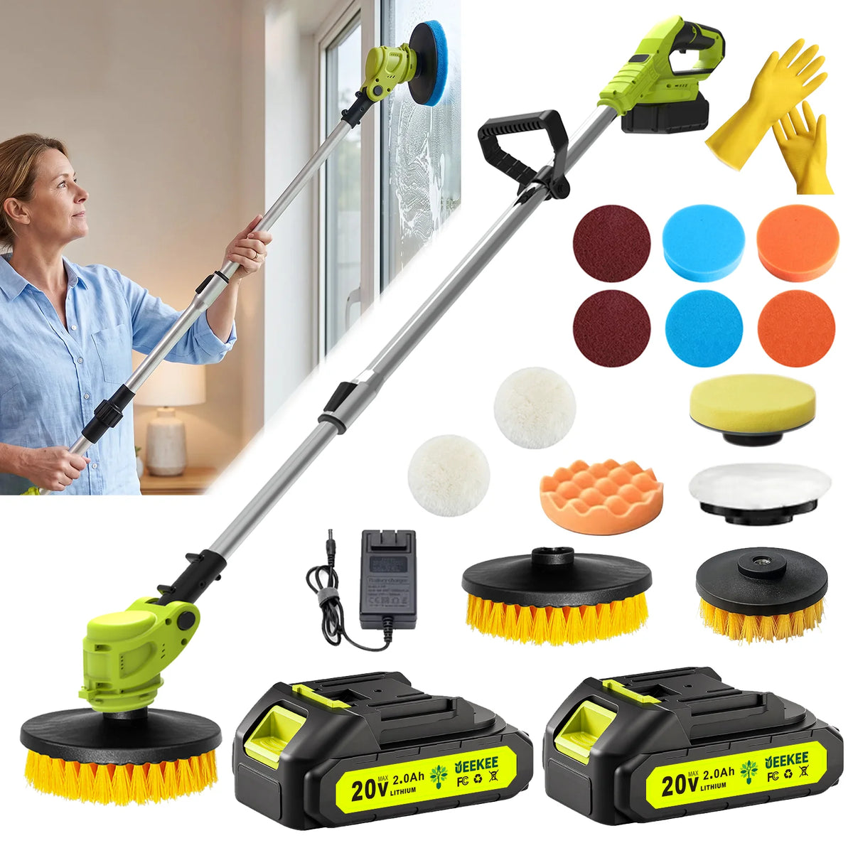 Cordless electric cleaning brush with an adjustable rotating handle and two rechargeable batteries for convenient cleaning.