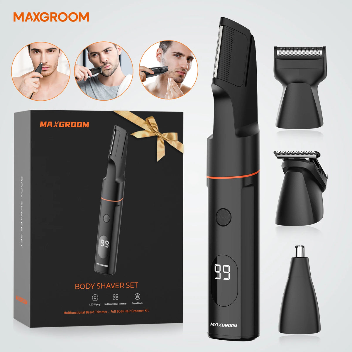 4-in-1 electric grooming kit with beard, nose, and body trimmers, featuring an IPX6 waterproof design.