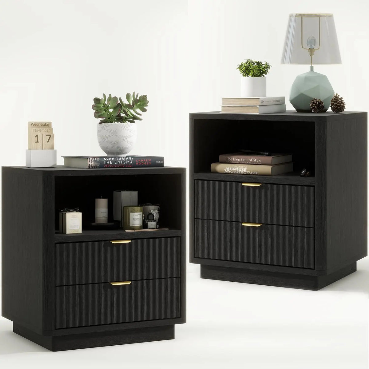 Modern Fluted Wood Nightstands (Set of 2)