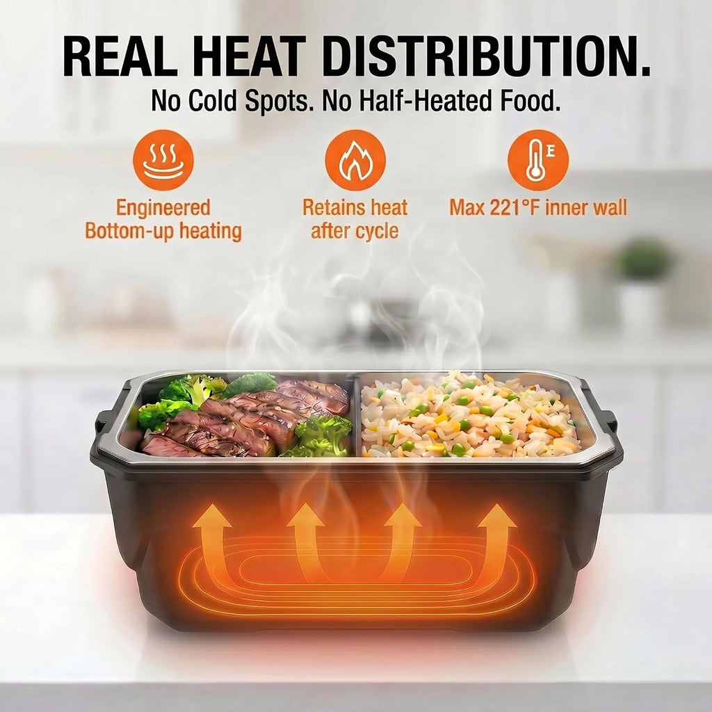 Portable 1500ML electric lunch box with USB charging, display screen, and timer for convenient food heating anywhere.