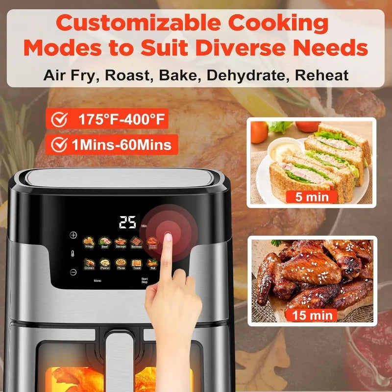 Large Capacity Air Fryer with Visual Window, Fully Automatic, Safe Anti-Scald Handle for Healthy Cooking.