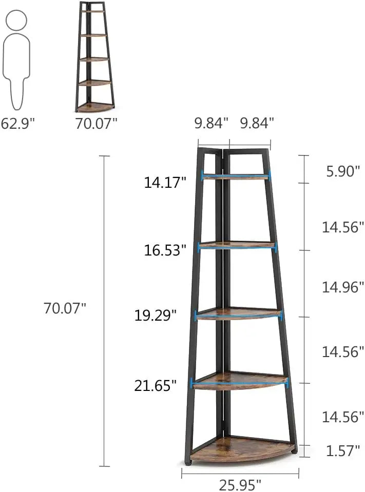 5-Tier Rustic Corner Ladder Bookshelf – 70” Industrial Storage Shelf