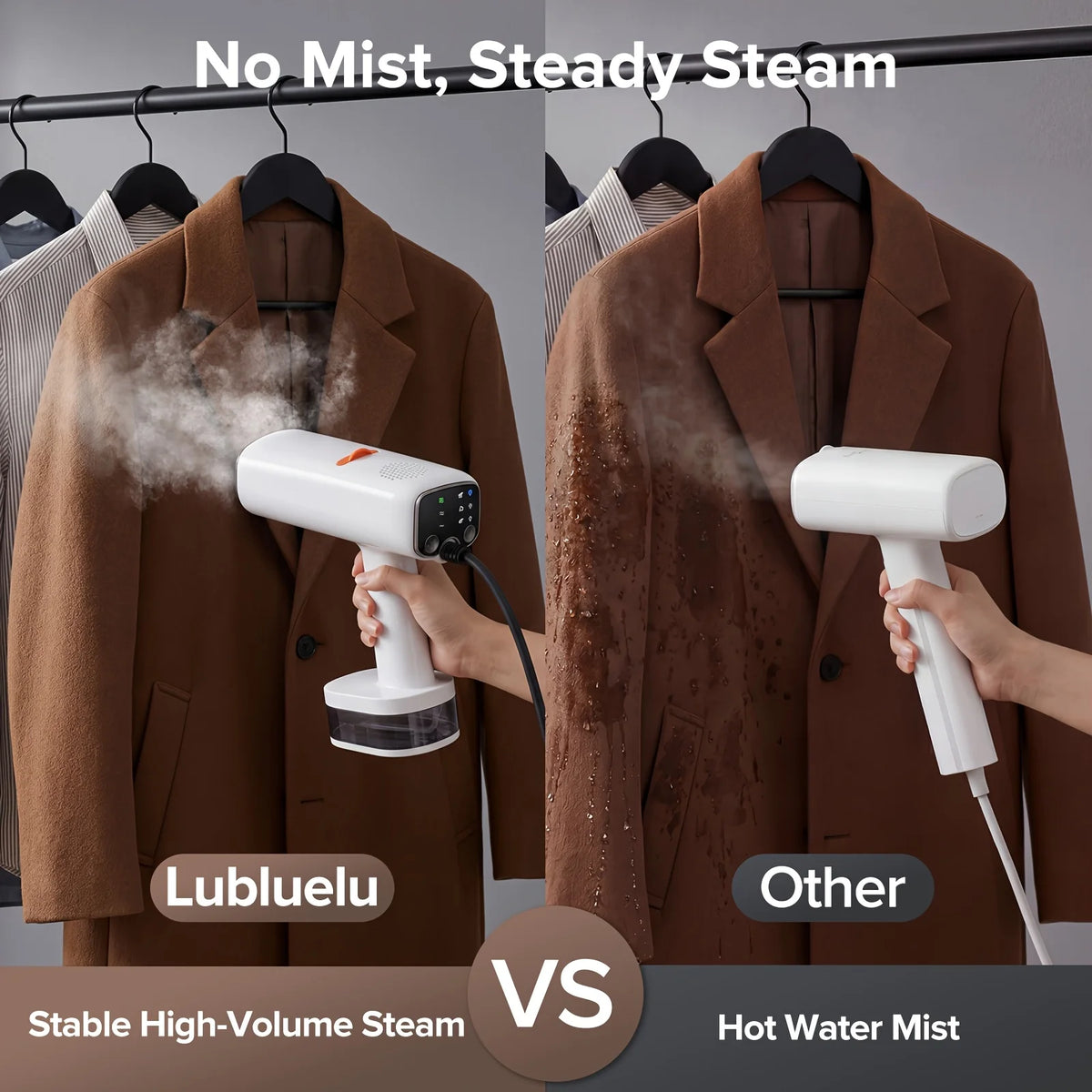 Lubluelu portable handheld garment steamer with fast-heating technology and powerful suction, designed for quick and easy wrinkle removal at home or on the go.