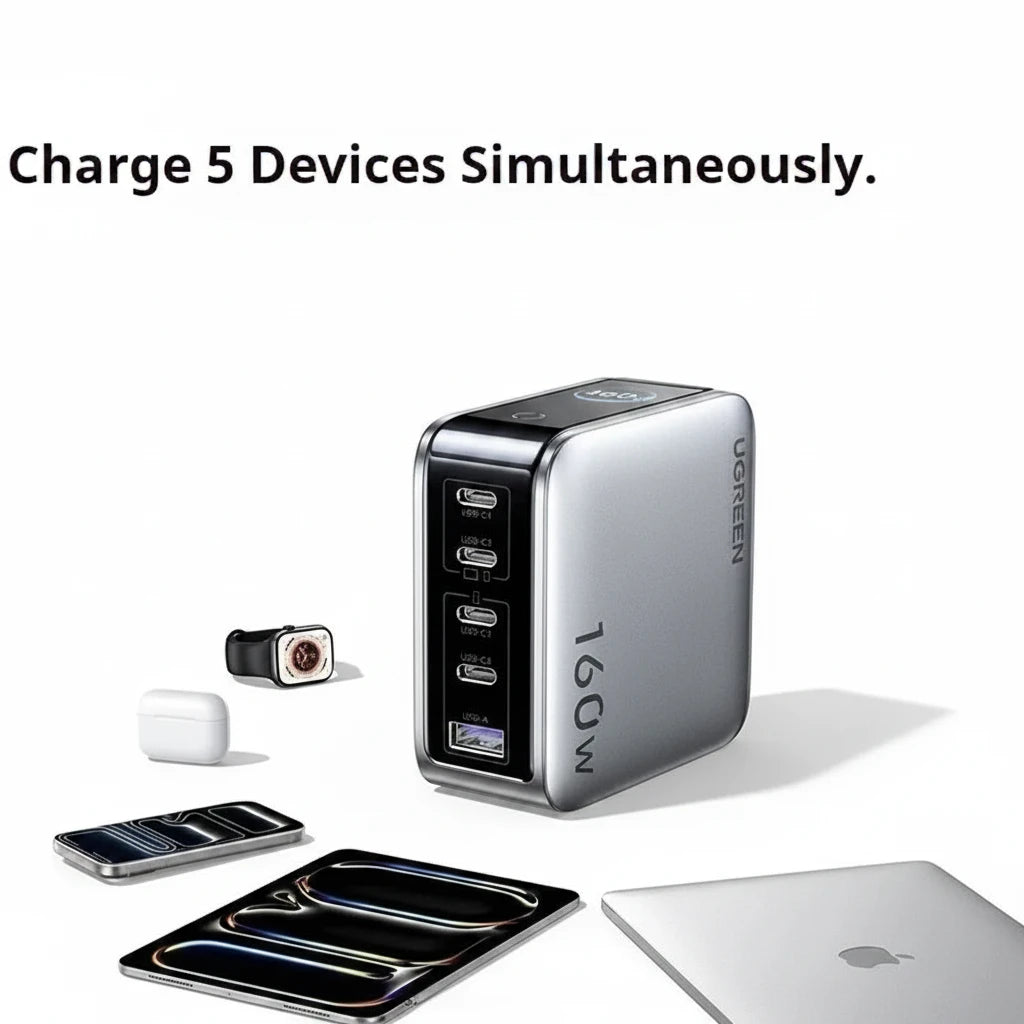 Powerful UGREEN 160W GaN fast charger with PD3.1 and smart display, ideal for phones, tablets, and laptops.
