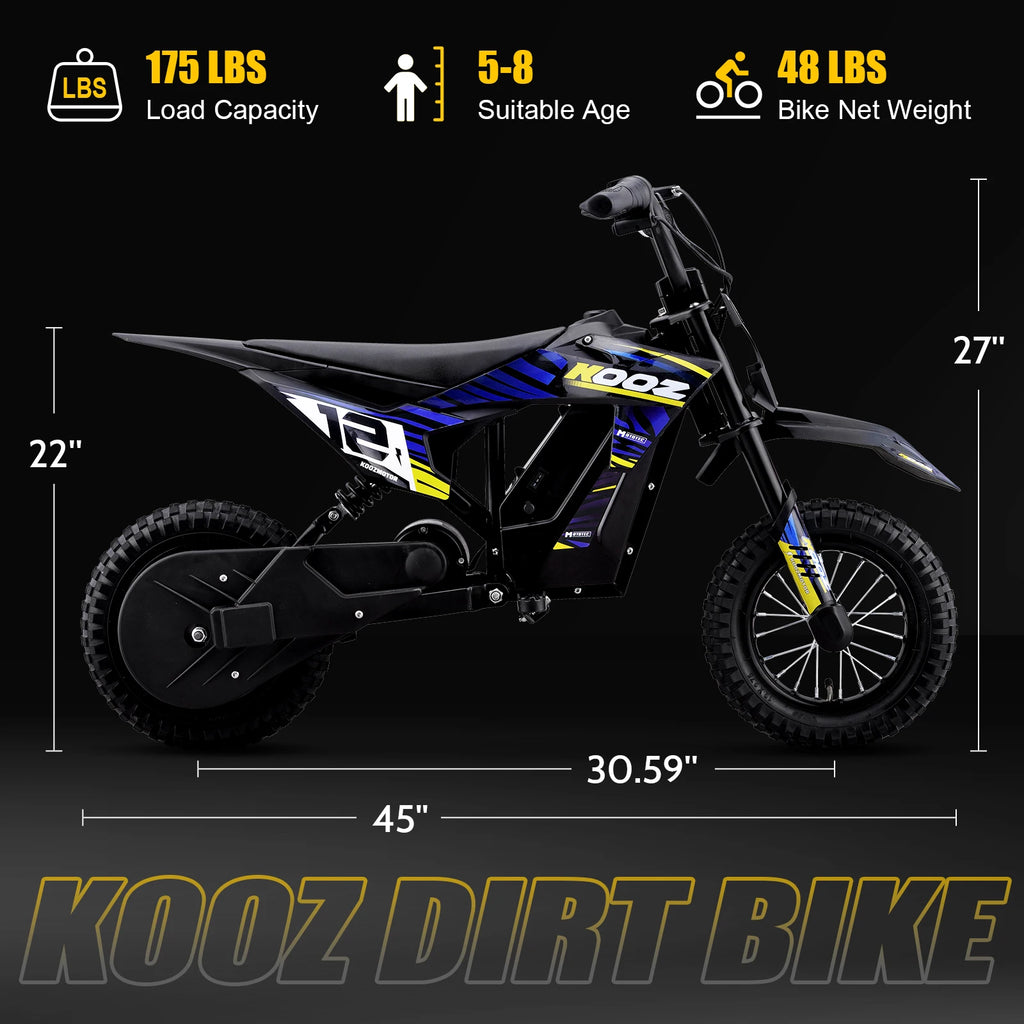 KOOZ 300W Kids Electric Dirt Bike (15.5 MPH)
The ultimate off-road experience for young riders. This 36V electric motorcycle features 3 safe speed modes, a 15.5 MPH top speed, and a long-lasting 14-mile range on a single charge.