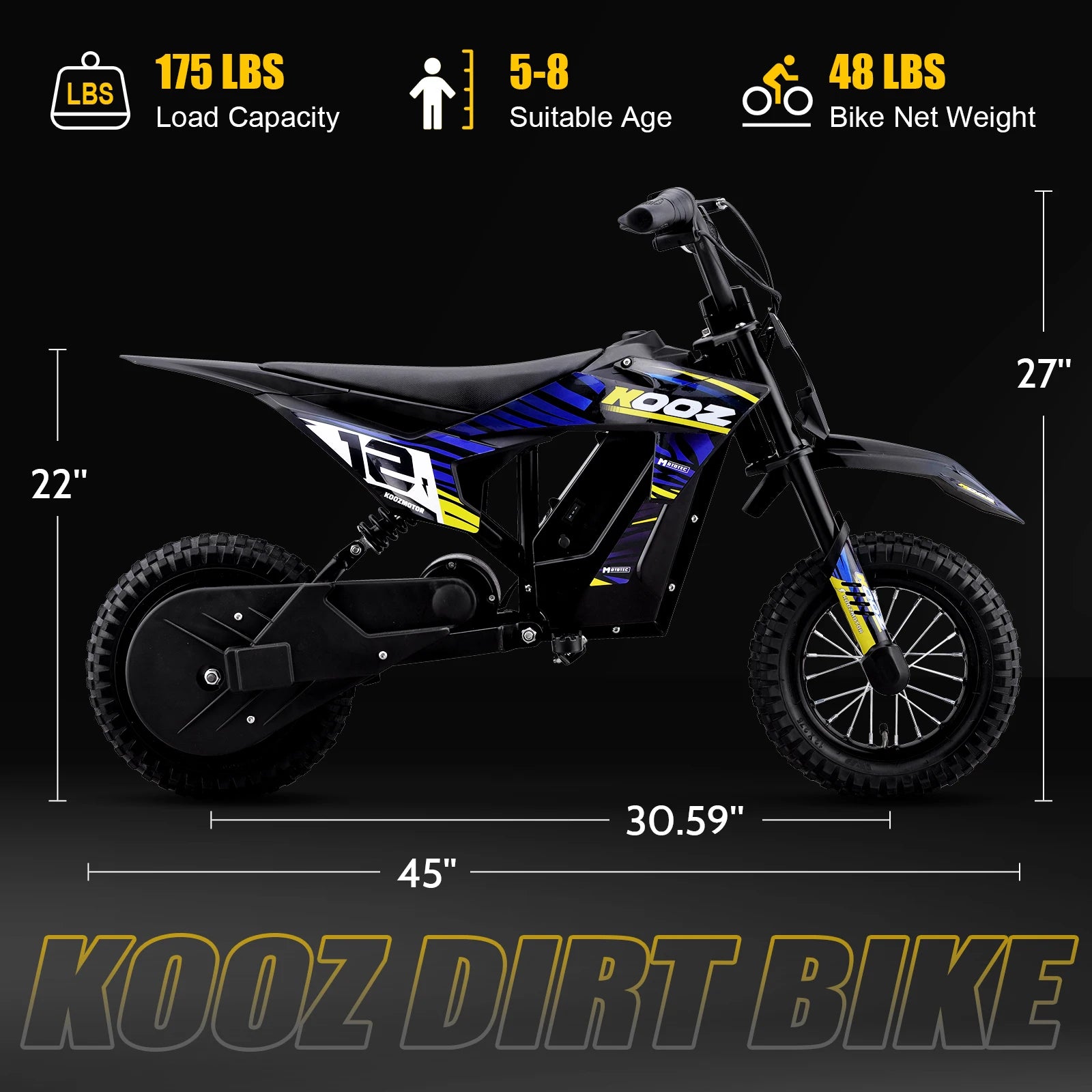 KOOZ 300W Kids Electric Dirt Bike (15.5 MPH)
The ultimate off-road experience for young riders. This 36V electric motorcycle features 3 safe speed modes, a 15.5 MPH top speed, and a long-lasting 14-mile range on a single charge.