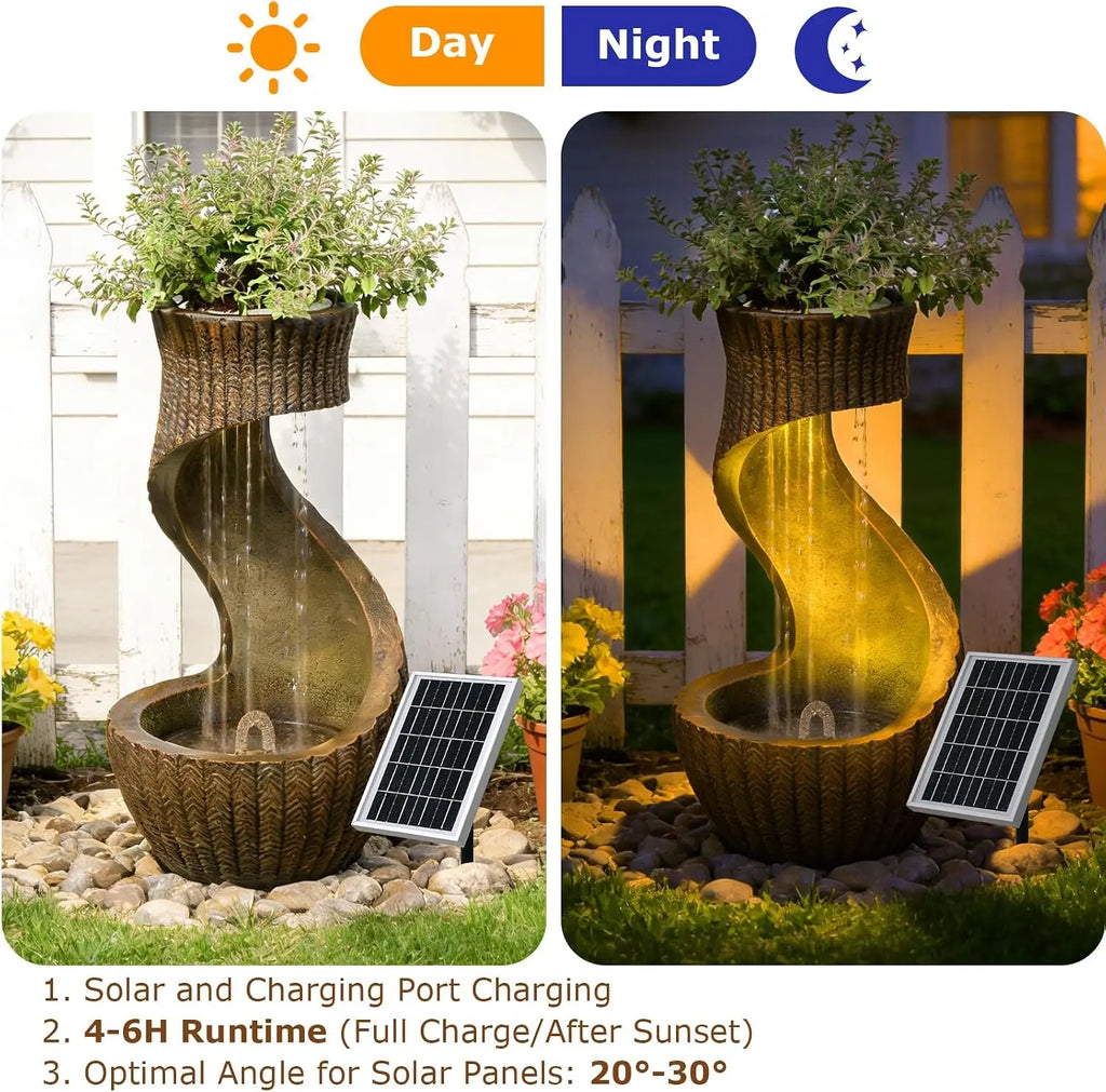 26.77" Solar Outdoor Water Fountain – Modern Waterfall with LED Lights & Planter Bowl