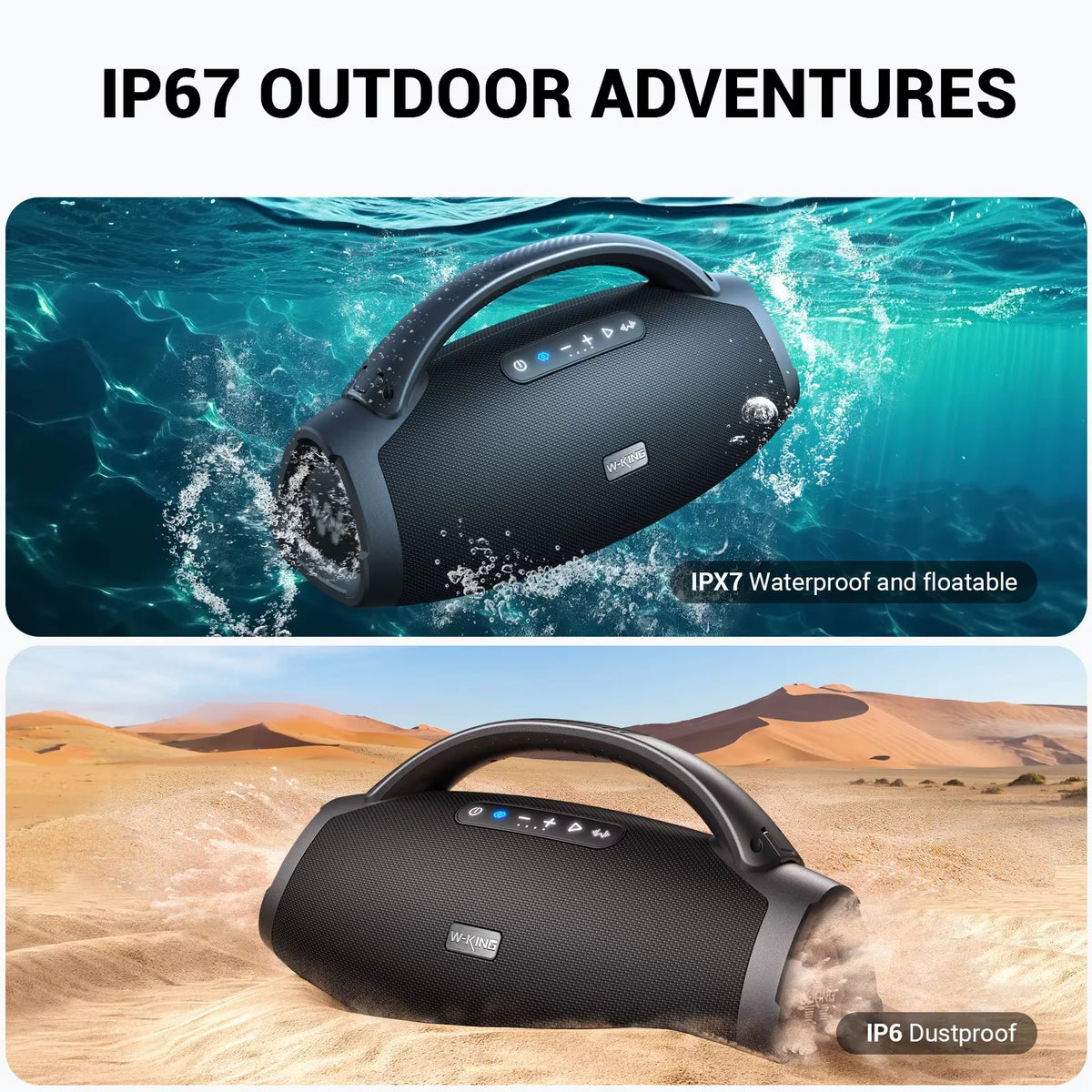 Portable 140W Bluetooth speaker with powerful bass, IPX7 waterproof protection, and a convenient carrying strap.