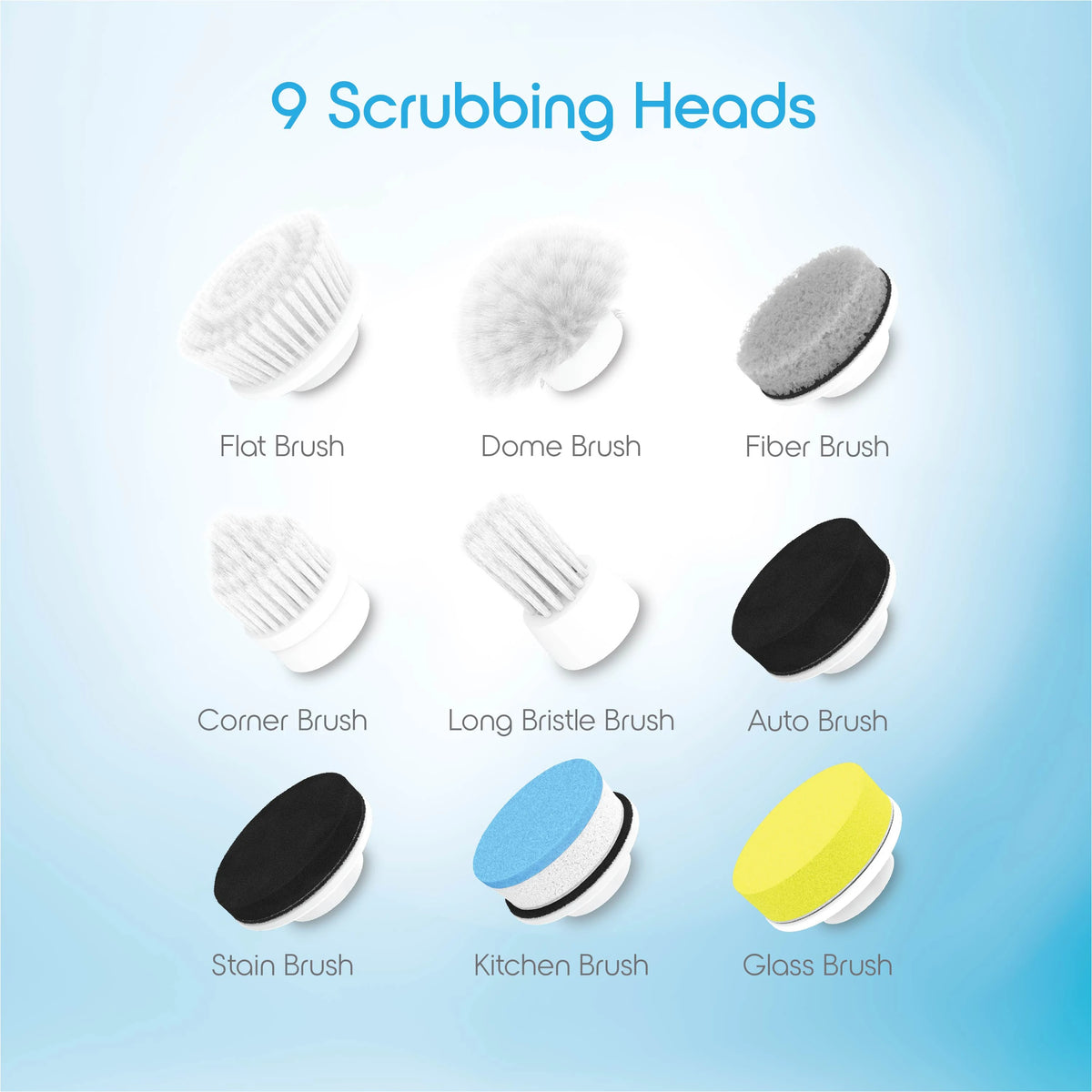 Cordless electric spin scrubber with 9 brush heads, 2 speeds, adjustable handle, and waterproof design.