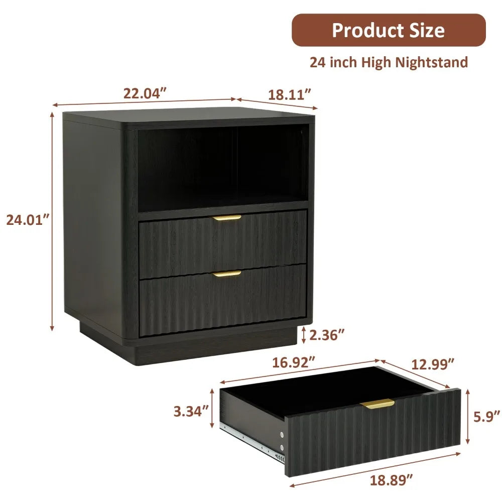 Modern Fluted Wood Nightstands (Set of 2)