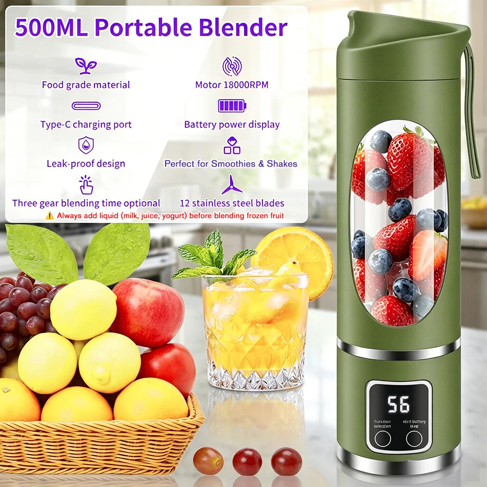 Portable 450ml Juicer Blender with 12 stainless steel blades, 3 blending speeds, USB rechargeable battery, and digital display. Perfect for smoothies, shakes, and fresh juice at home, work, travel, or the gym.